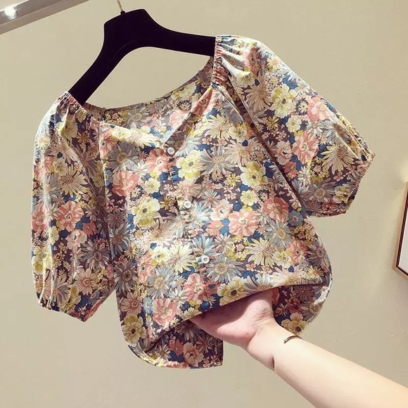 Floral blouse shirt top flower womens multicolor button up - Picture 4 of 4